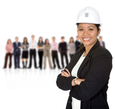 Female engineering with a team isolated over a white background