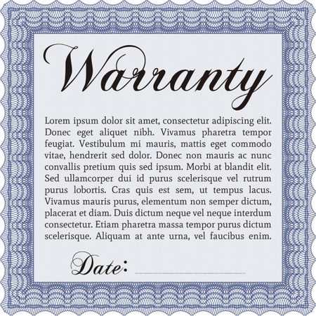 Sample Warranty certificate template. Elegant design. Vector illustration. With guilloche pattern and background. 