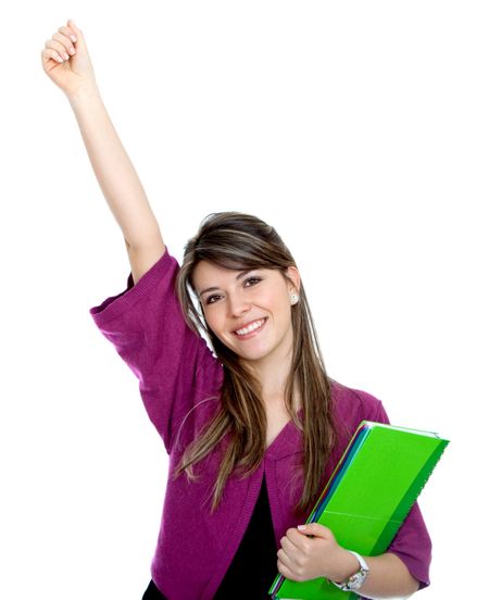 Beautiful happy female student with a notebook isolated on white