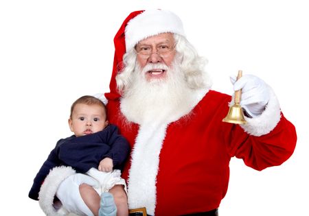 Santa carrying a baby and ringing a bell isolated on white