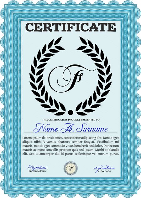 Diploma template or certificate template. Vector pattern that is used in money and certificate. Artistry design. With quality background. Light blue color.