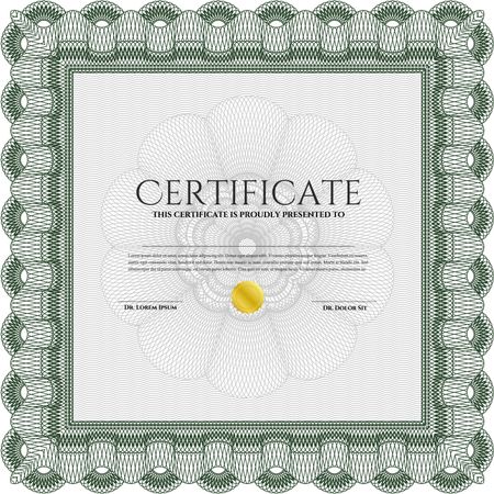 Diploma template. With complex background. Lovely design. Vector illustration. Green color.