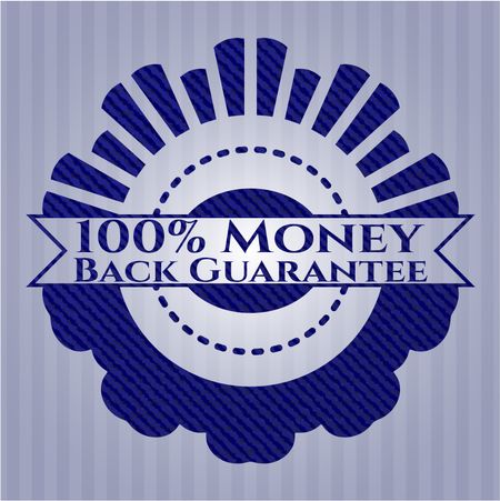 100% Money Back Guarantee badge with denim background