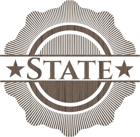 State badge with wooden background