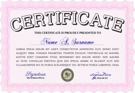 Sample Certificate. Artistry design. Vector pattern that is used in money and certificate. With quality background. Pink color.