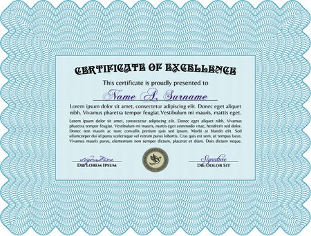 Certificate template. Customizable, Easy to edit and change colors. Easy to print. Nice design. Light blue color.