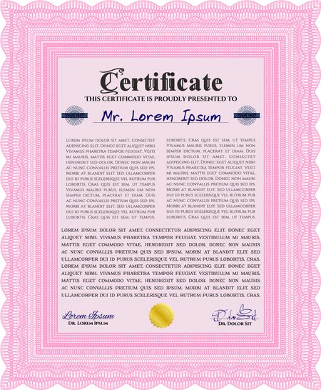 Pink Diploma template. With complex background. Excellent design. Vector illustration. 