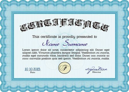 Light blue Diploma template. Lovely design. Vector illustration. With complex background. 