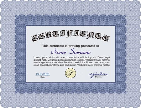 Blue Diploma template. Lovely design. Vector illustration. With complex background. 