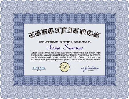 Blue Diploma template. Lovely design. Vector illustration. With complex background.