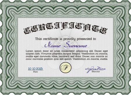 Green Certificate template or diploma template. Complex background. Superior design. Vector pattern that is used in currency and diplomas.