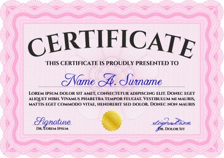 Pink Diploma or certificate template. Lovely design. With complex background. Vector illustration. 