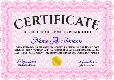 Pink Diploma or certificate template. Lovely design. With complex background. Vector illustration.