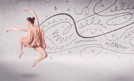 Ballet dancer performing art dance with hand drawn lines and arrows concept on background