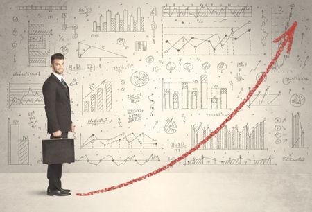 Business man climbing on red graph arrow concept on background