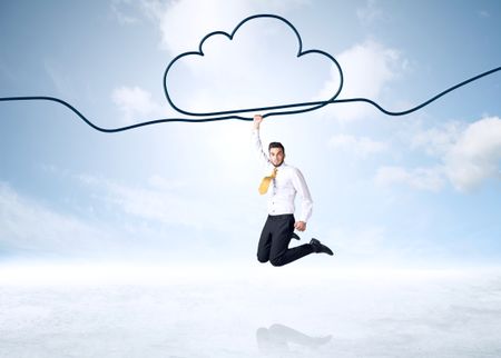 Businessman hanging on a cloud rope
