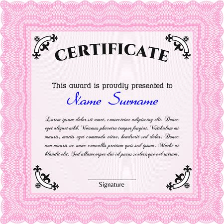 Pink Certificate or diploma template. Good design. Border, frame. With background. 