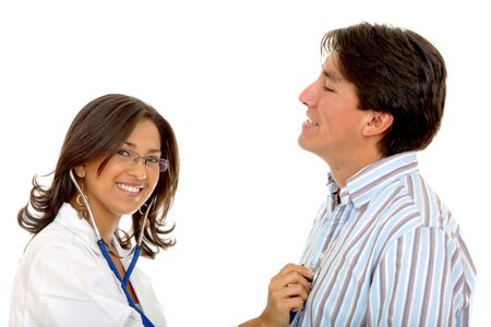 female doctor examining a patient isolated over a white background
