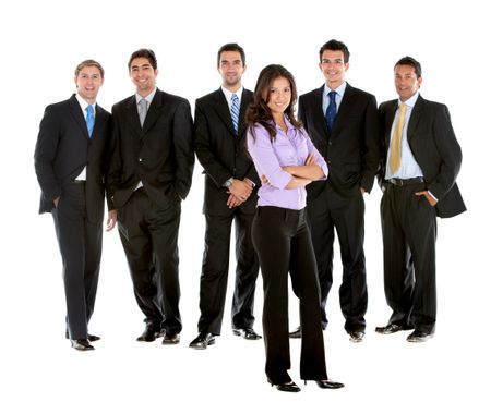 business women in a males group isolated over a white background