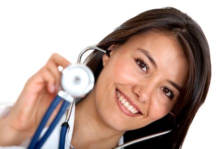 Female doctor holding a stethoscope isolated over a white background