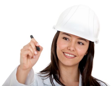 Female engineer with a pen writing isolated over a white background
