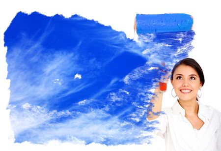 woman painting a sky with a roller isolated over a white background