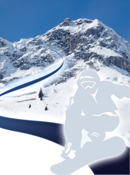 Snowboarding graphic with a man in a snowcapped mountain with a clear blue sky