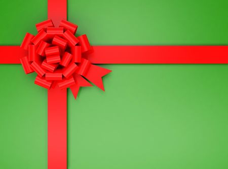 Christmas present wrapped in green paper with a red ribbon