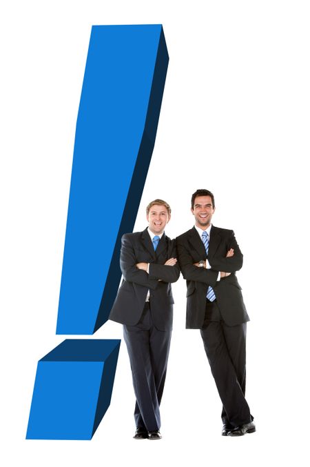 Business men leaning on an exclamation mark isolated over a white background
