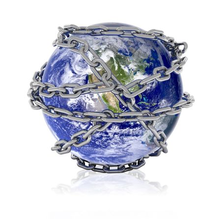 the earth chained isolated over a white background in 3D