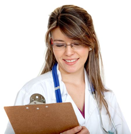 Female doctor with a clipboard isolated over a white background
