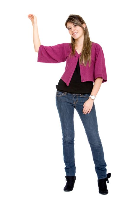 Female displaying an imaginary object isolated over white background