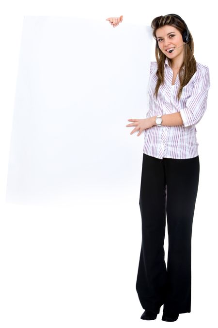 Business woman with a headset and a banner isolated over a white background