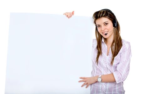 Business woman with a headset and a banner isolated over a white background
