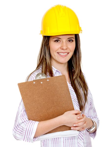 Female engineering with helmet isolated over a white background