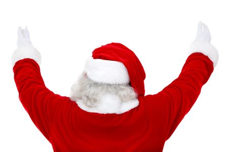 Back of excited Santa Claus isolated over a white background