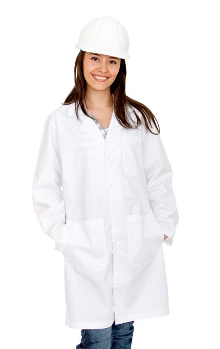 Female engineer smiling isolated over a white background