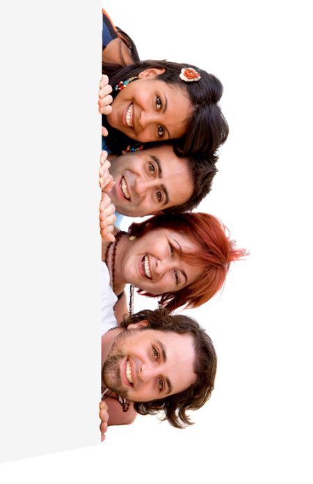 Happy people sticking out their heads of a banner isolated over a white background
