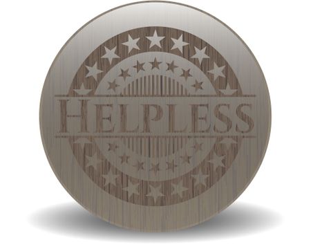 Helpless badge with wood background