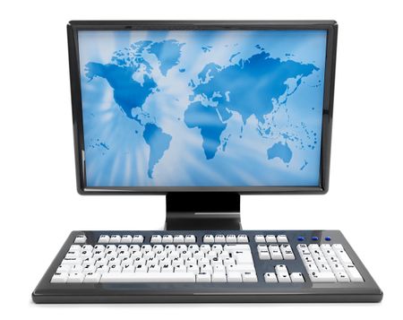 3D computer with a world map isolated over a white background