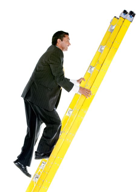 Business man climbing a ladder isolated over a white background