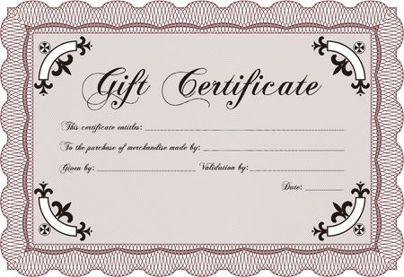 Retro Gift Certificate template. Border, frame. Artistry design. With linear background. 