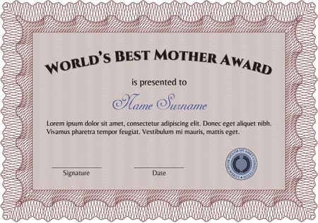 Best Mother Award Template. With guilloche pattern. Vector illustration. Elegant design. 