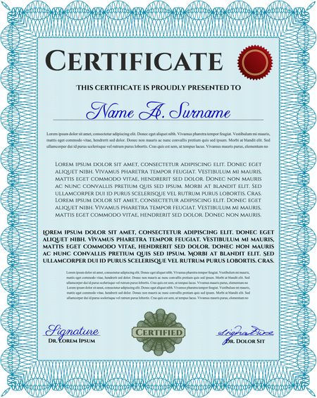 Light blue Diploma or certificate template. Lovely design. Vector illustration. With complex background. 