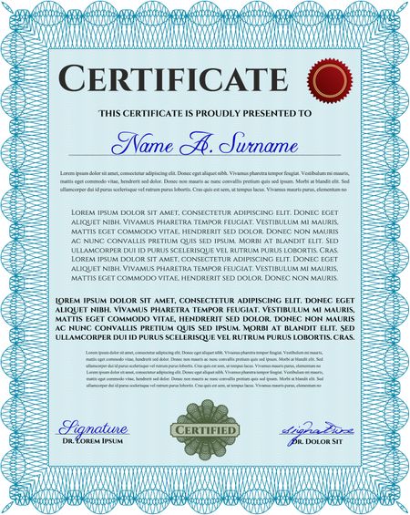 Light blue Diploma or certificate template. Lovely design. Vector illustration. With complex background.