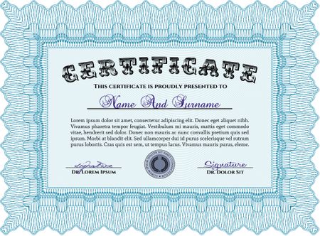 Light blue Certificate template or diploma template. Beauty design. Complex background. Vector pattern that is used in currency and diplomas.