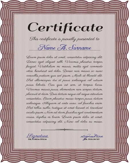 Red Diploma or certificate template. Lovely design. Vector illustration. With complex background. 