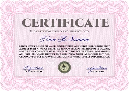 Certificate template or diploma template. Superior design. Vector pattern that is used in currency and diplomas.Complex background. Pink color.