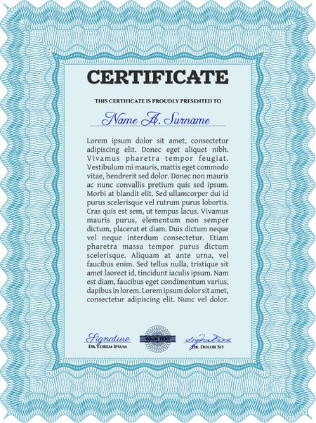 Certificate or diploma template. Customizable, Easy to edit and change colors. Cordial design. Easy to print. Light blue color.
