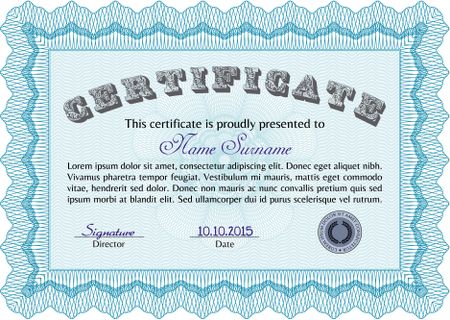 Light blue Diploma template or certificate template. Beauty design. Vector pattern that is used in money and certificate. With quality background. 